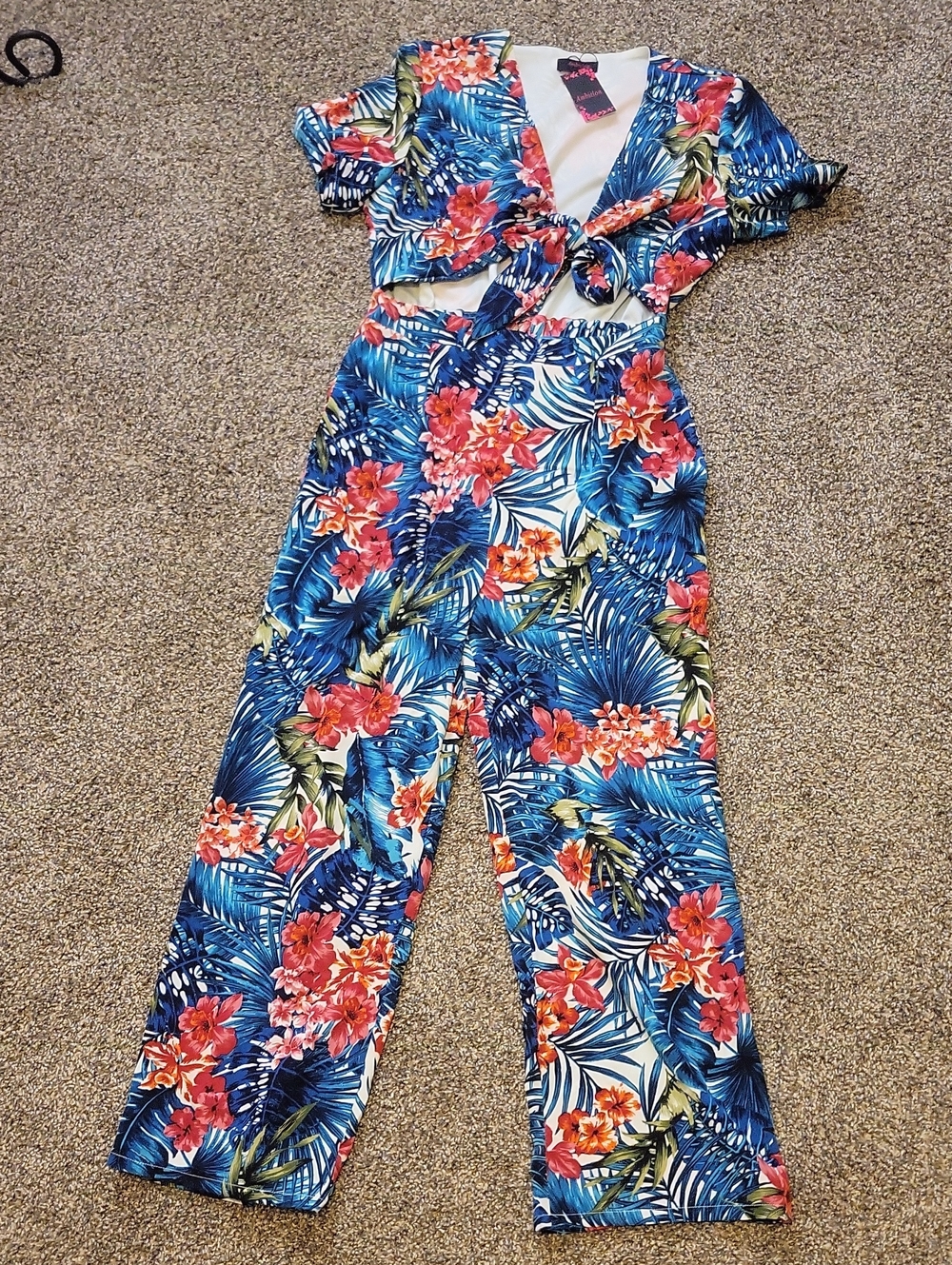 ambition Navy Blue Tropical Floral Tie-Front Jumpsuit
